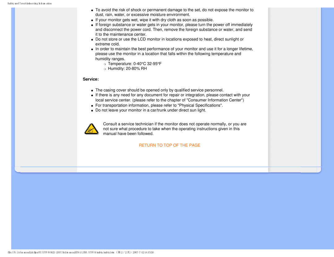 Philips HNS8170T, 170v8 user manual Service, Return to TOP 