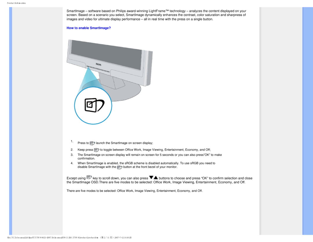 Philips 170v8, HNS8170T user manual How to enable SmartImage? 