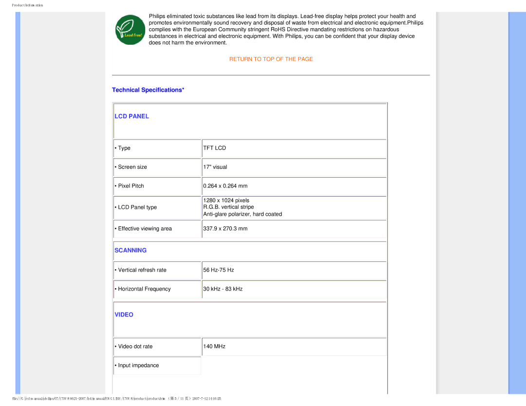 Philips HNS8170T, 170v8 user manual Technical Specifications, LCD Panel 