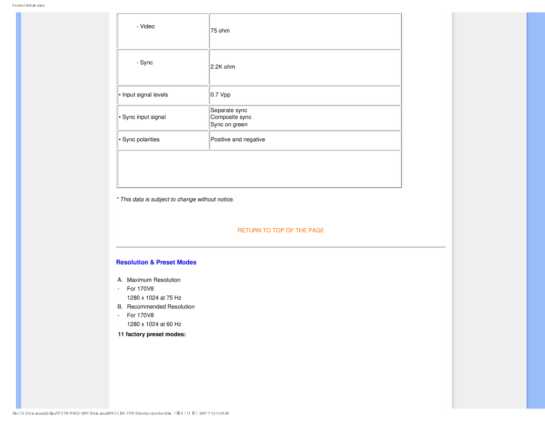 Philips 170v8, HNS8170T user manual Resolution & Preset Modes, Factory preset modes 