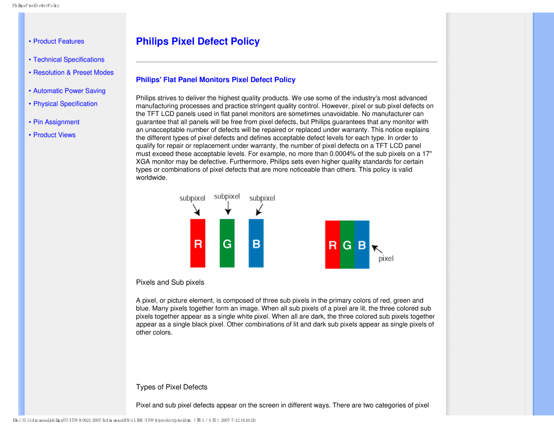 Philips 170v8, HNS8170T user manual Philips Pixel Defect Policy, Philips Flat Panel Monitors Pixel Defect Policy 