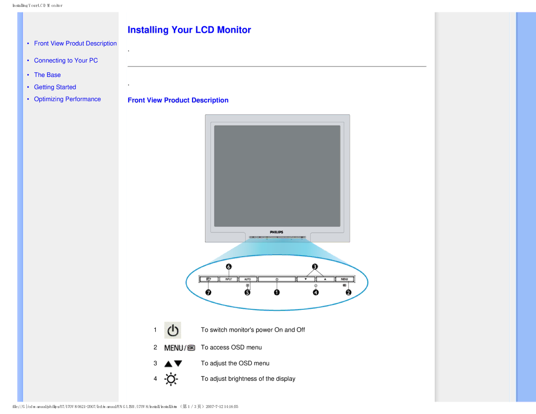 Philips 170v8, HNS8170T user manual Installing Your LCD Monitor 