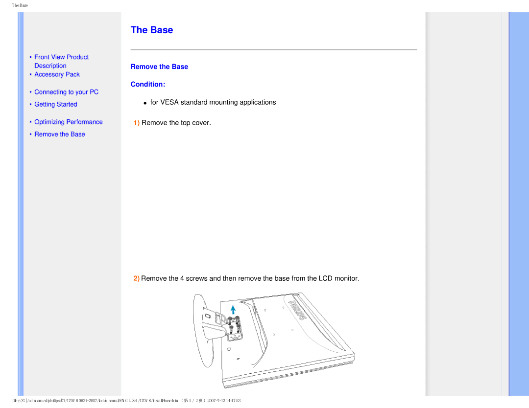 Philips 170v8, HNS8170T user manual Remove the Base Condition 