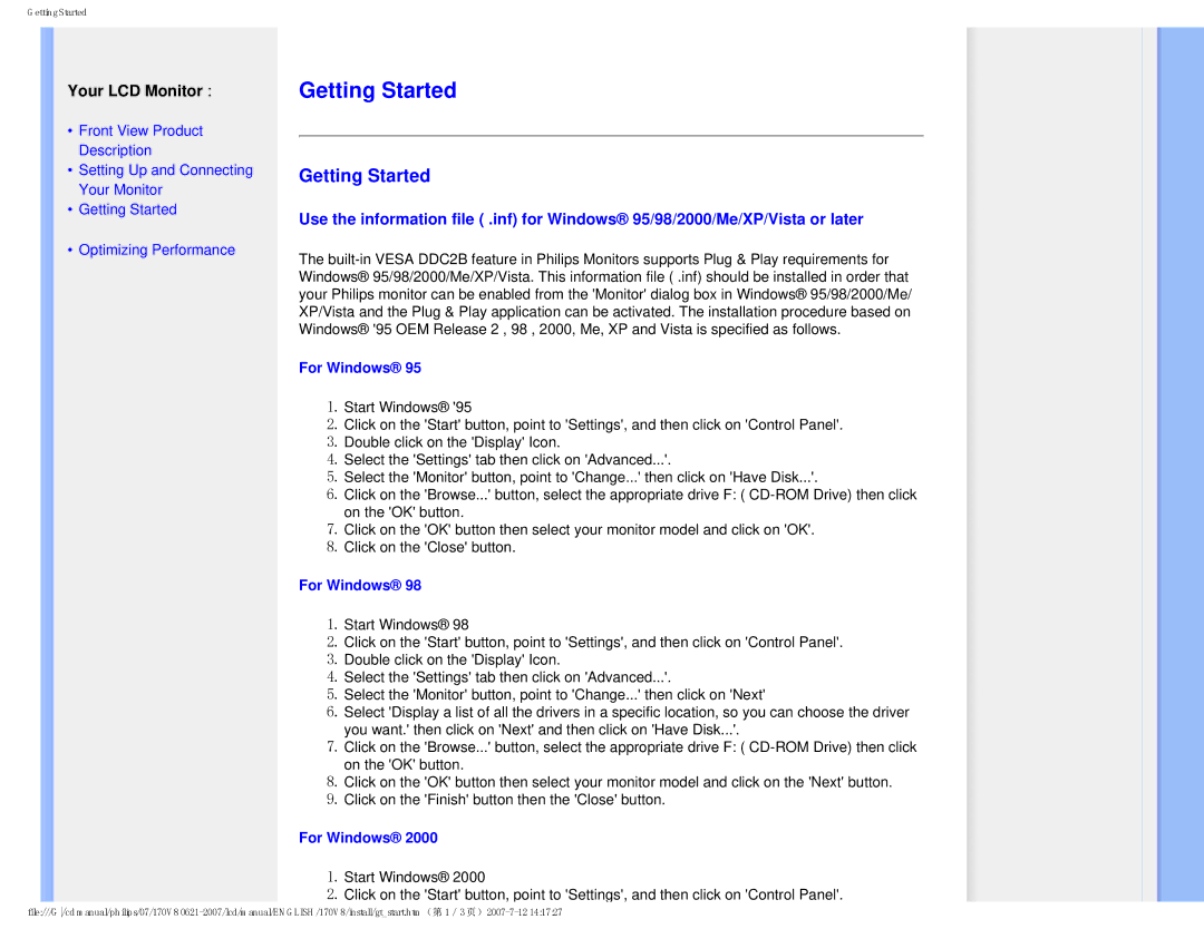 Philips 170v8, HNS8170T user manual Getting Started, Your LCD Monitor 