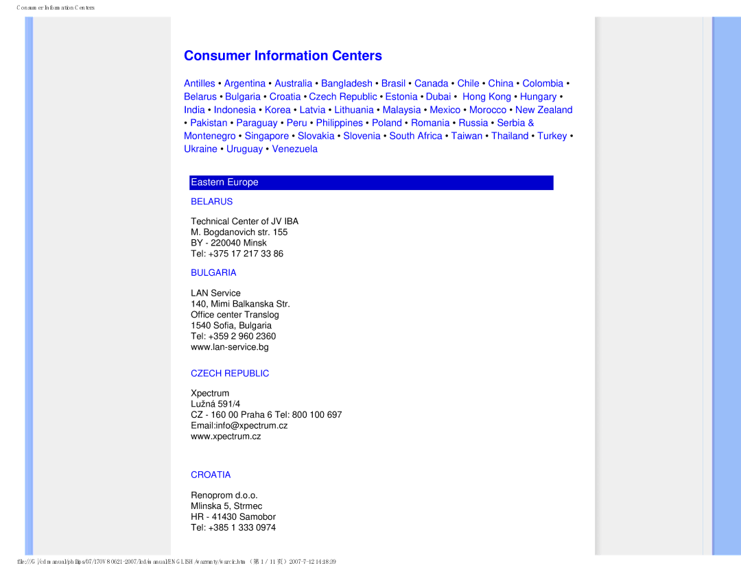 Philips HNS8170T, 170v8 user manual Consumer Information Centers, Belarus, Bulgaria, Czech Republic, Croatia 