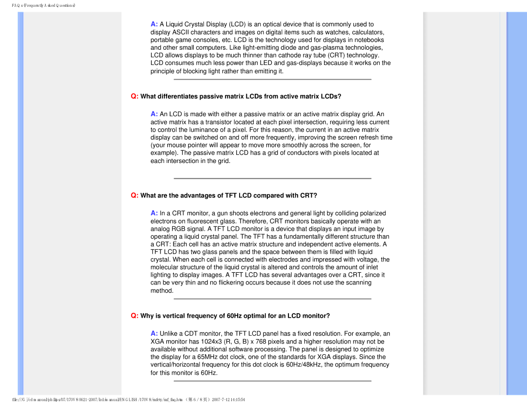 Philips HNS8170T, 170v8 user manual What are the advantages of TFT LCD compared with CRT? 