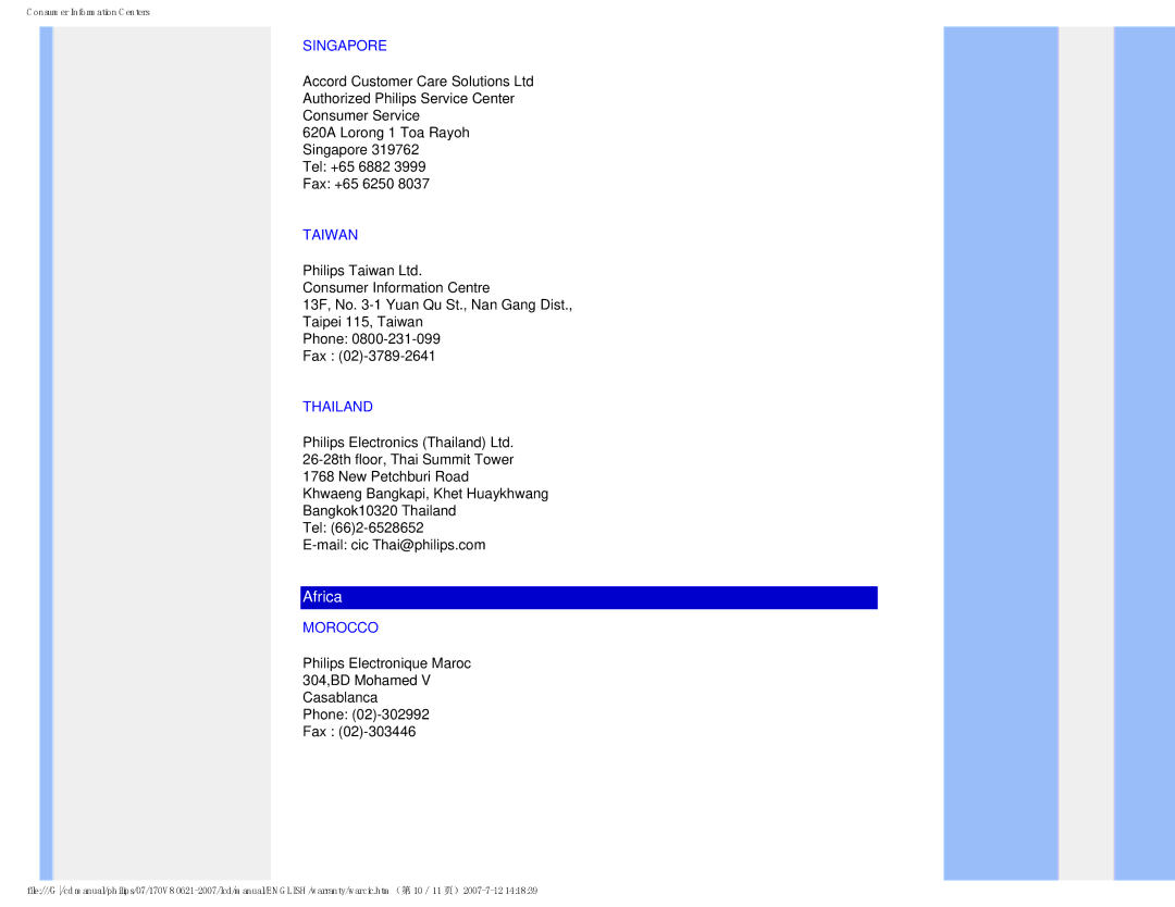 Philips 170v8, HNS8170T user manual Singapore, Taiwan, Thailand, Morocco 