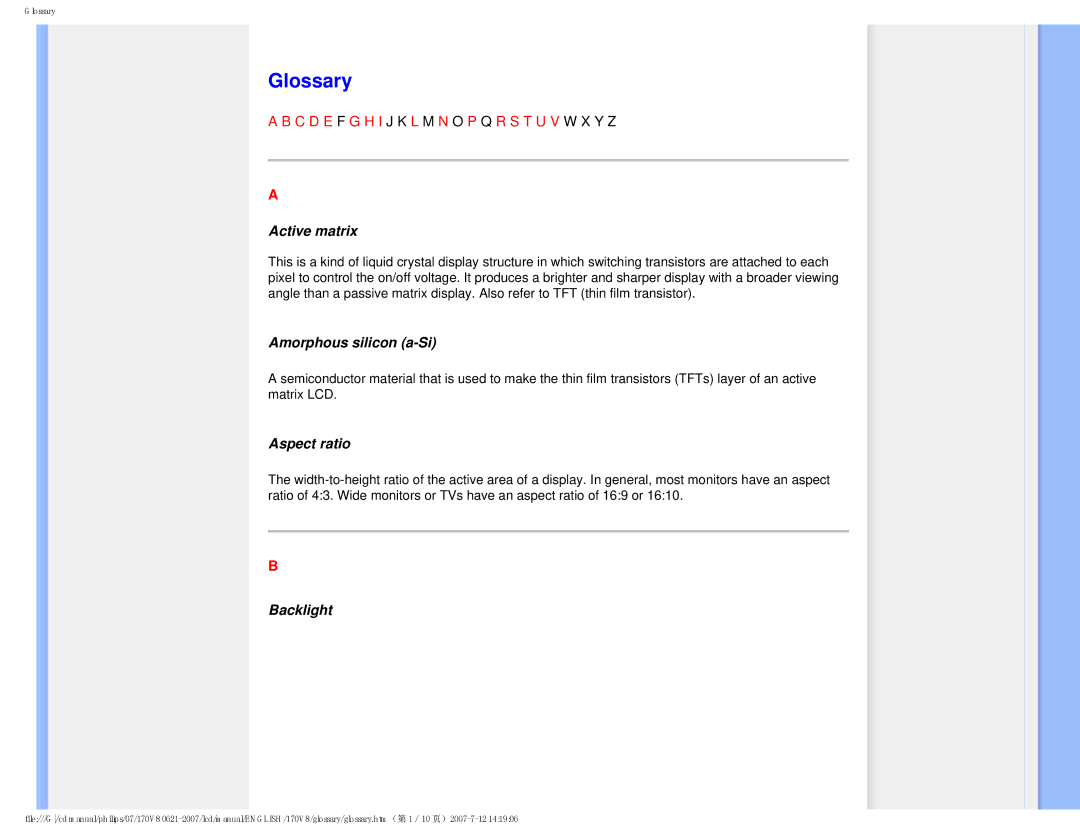 Philips 170v8, HNS8170T user manual Glossary, Active matrix, Amorphous silicon a-Si, Aspect ratio, Backlight 