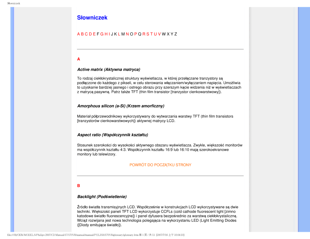 Philips 170v8 Słowniczek, Active matrix Aktywna matryca, Amorphous silicon a-Si Krzem amorficzny, Backlight Podświetlenie 