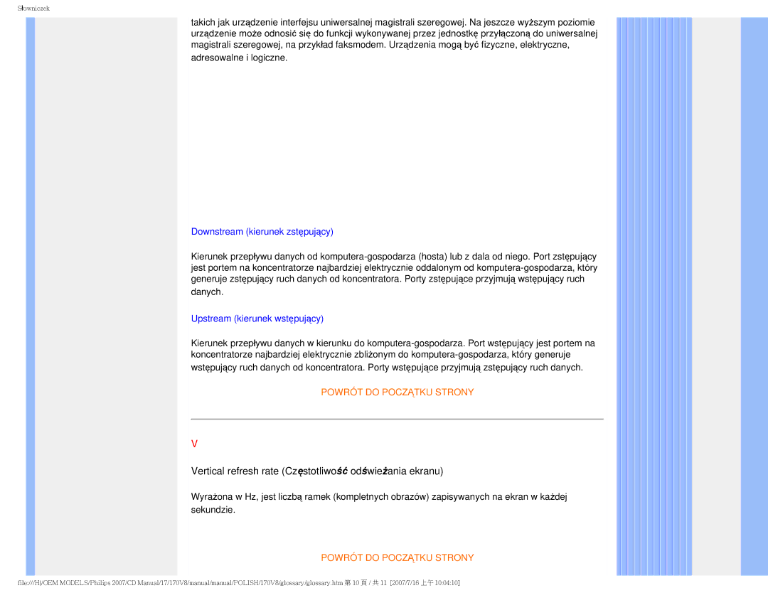Philips 170v8 user manual Vertical refresh rate Częstotliwość odświeżania ekranu, Downstream kierunek zstępujący 