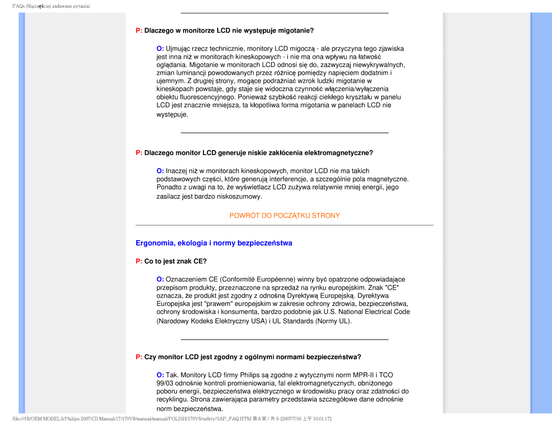 Philips 170v8 user manual Ergonomia, ekologia i normy bezpieczeństwa, Dlaczego w monitorze LCD nie występuje migotanie? 