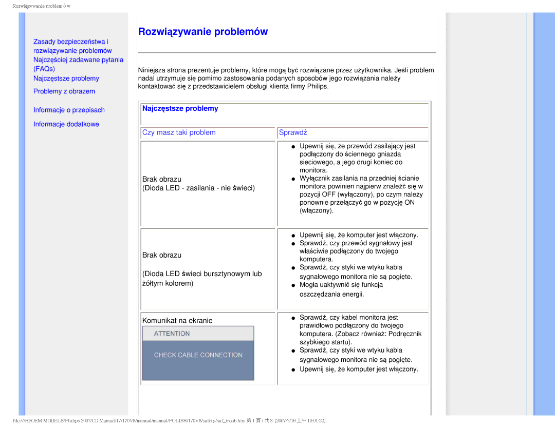 Philips 170v8 user manual Rozwiązywanie problemów, Najczęstsze problemy 