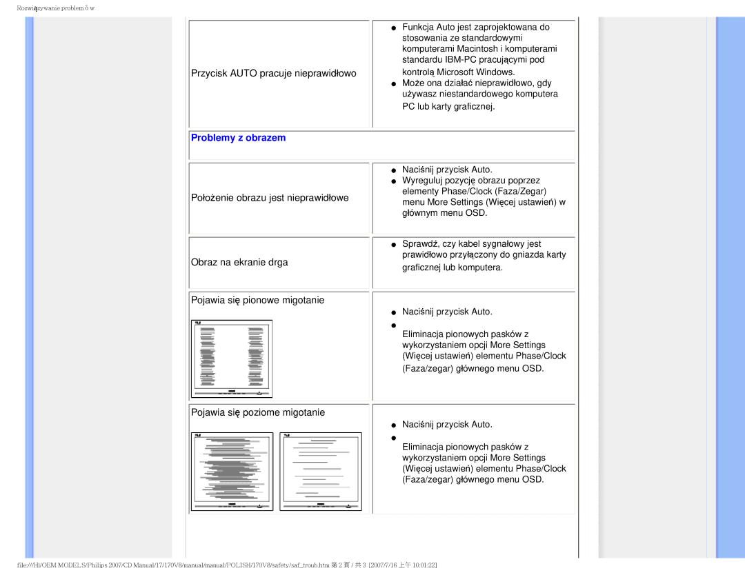 Philips 170v8 user manual Problemy z obrazem 