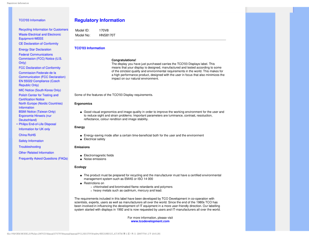 Philips 170v8 user manual Regulatory Information, TCO03 Information 