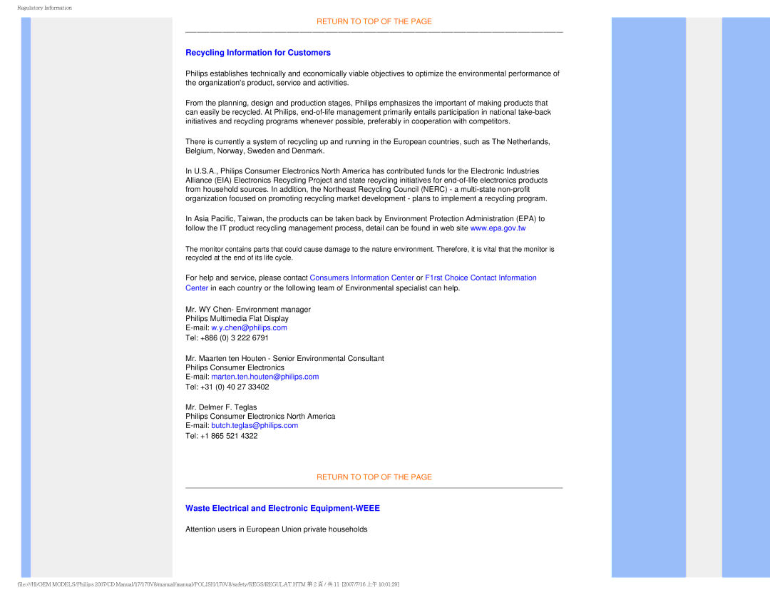Philips 170v8 user manual Recycling Information for Customers, Waste Electrical and Electronic Equipment-WEEE 