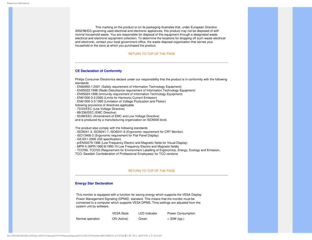 Philips 170v8 user manual CE Declaration of Conformity, Energy Star Declaration 