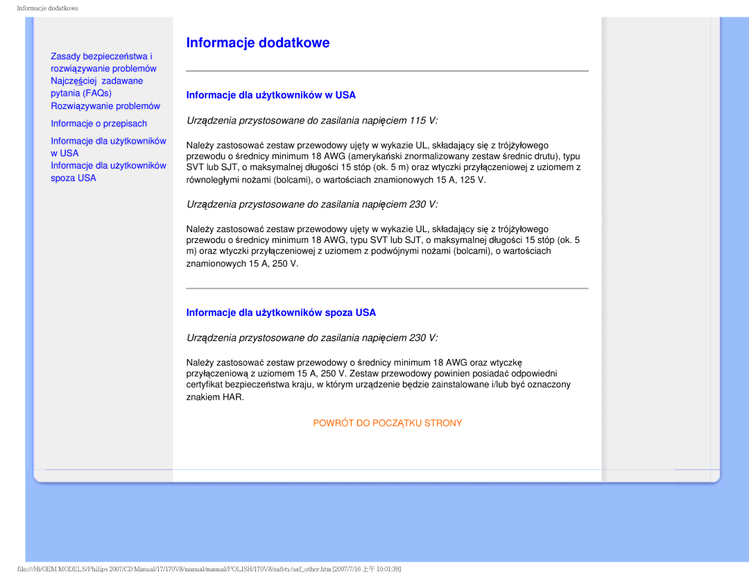 Philips 170v8 user manual Informacje dodatkowe, Informacje dla użytkowników w USA, Informacje dla użytkowników spoza USA 