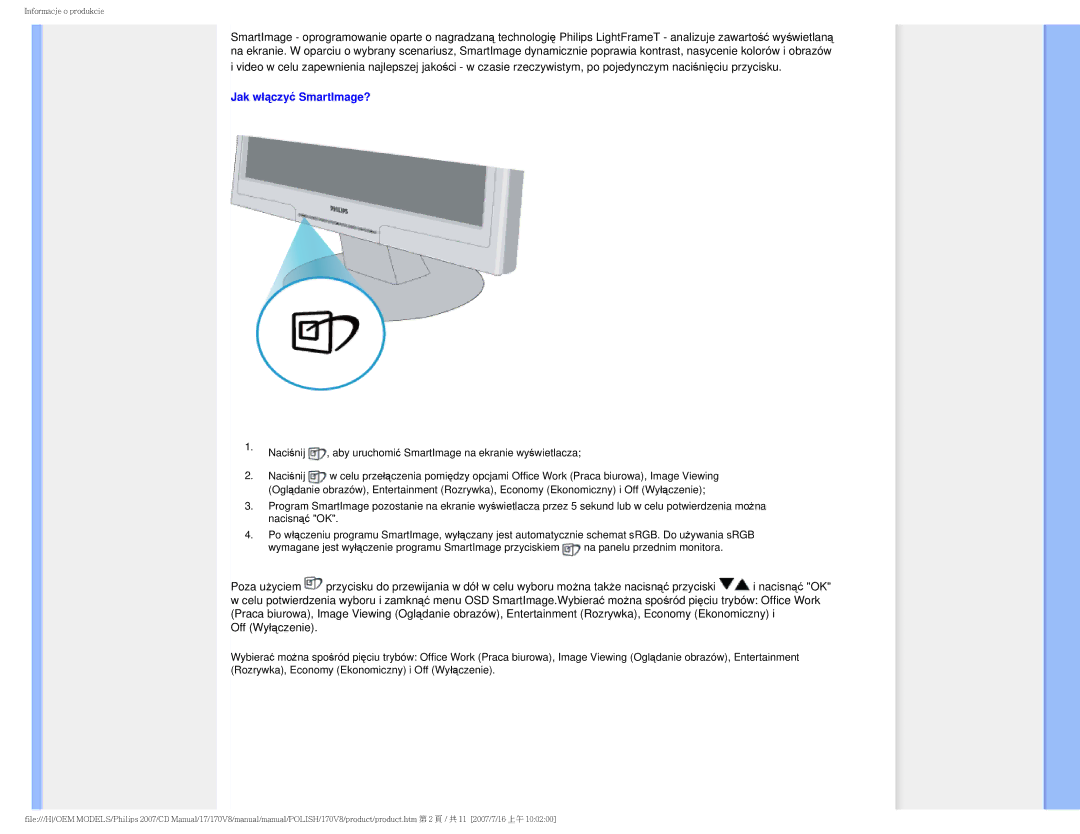 Philips 170v8 user manual Jak włączyć SmartImage? 