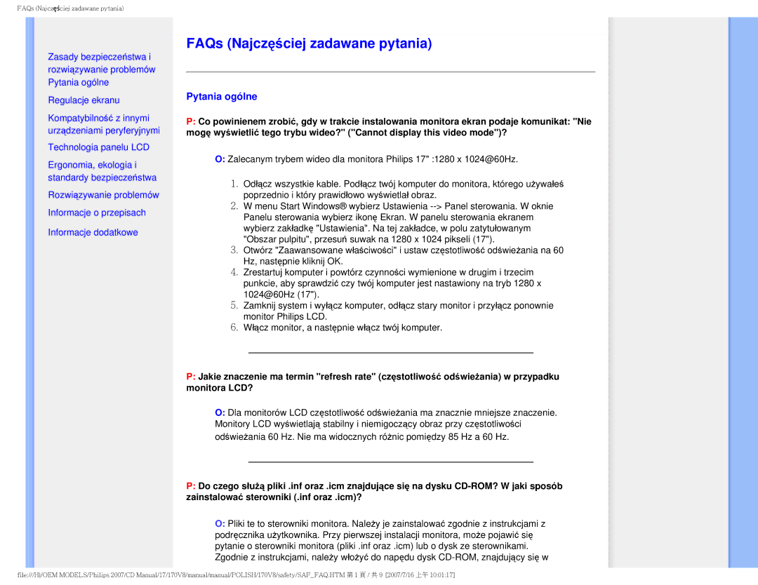 Philips 170v8 user manual FAQs Najczęściej zadawane pytania, Pytania ogólne 