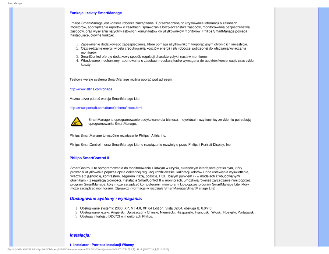 Philips 170v8 user manual Funkcje i zalety SmartManage, Philips SmartControl, Instalator Powłoka instalacji Witamy 