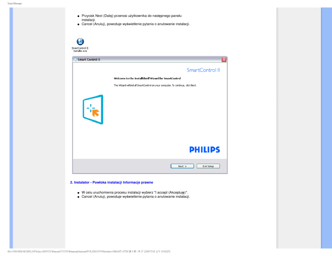 Philips 170v8 user manual Instalator Powłoka instalacji Informacje prawne 