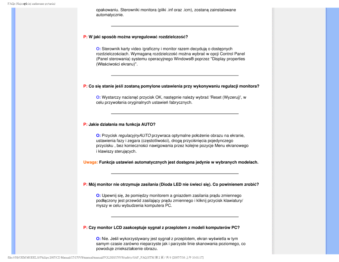 Philips 170v8 user manual Jaki sposób można wyregulować rozdzielczość?, Jakie działania ma funkcja AUTO? 