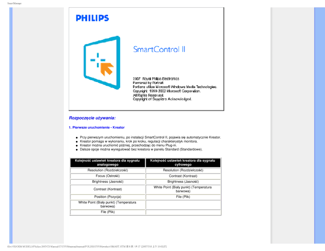 Philips 170v8 user manual Rozpoczęcie używania, Pierwsze uruchomienie Kreator 