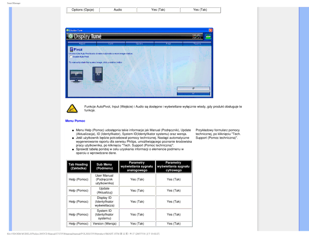 Philips 170v8 user manual Menu Pomoc, Zakładka 