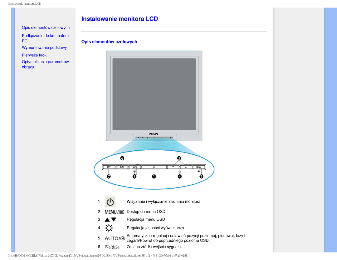 Philips 170v8 user manual Instalowanie monitora LCD, Opis elementów czołowych 