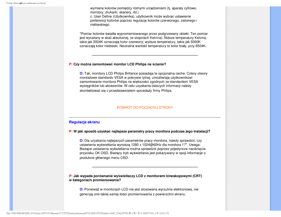 Philips 170v8 user manual Regulacje ekranu, Czy można zamontować monitor LCD Philips na ścianie? 