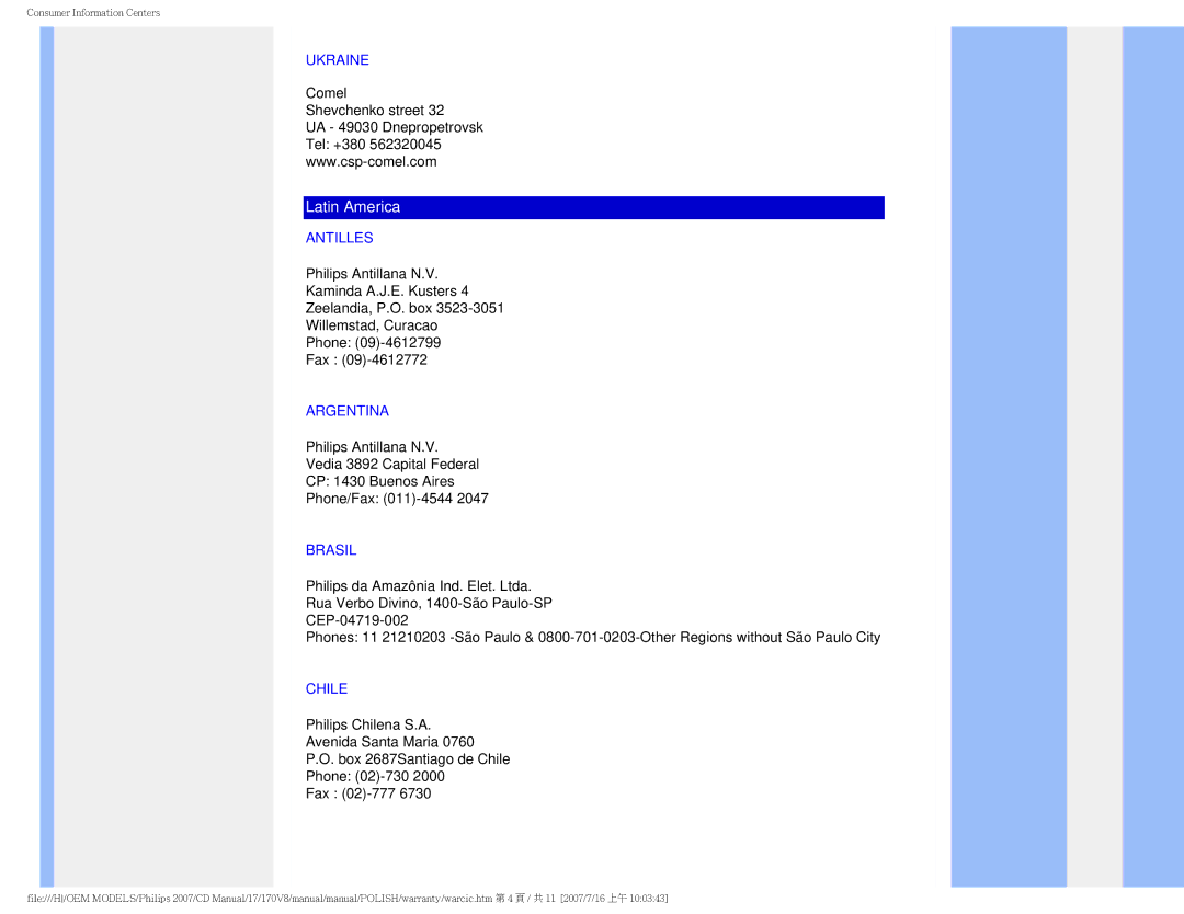 Philips 170v8 user manual Ukraine, Antilles, Argentina, Brasil, Chile 