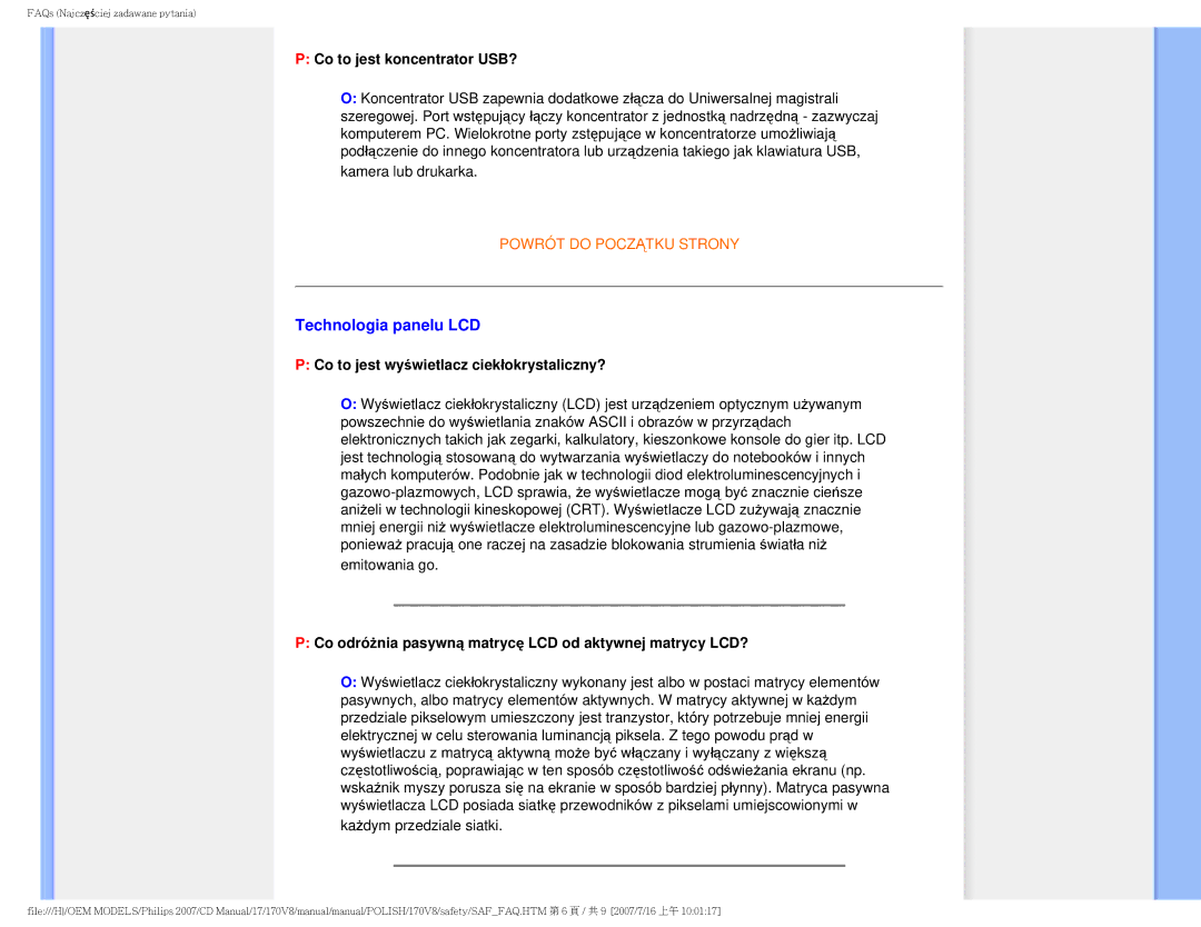 Philips 170v8 user manual Technologia panelu LCD, Co to jest koncentrator USB?, Co to jest wyświetlacz ciekłokrystaliczny? 