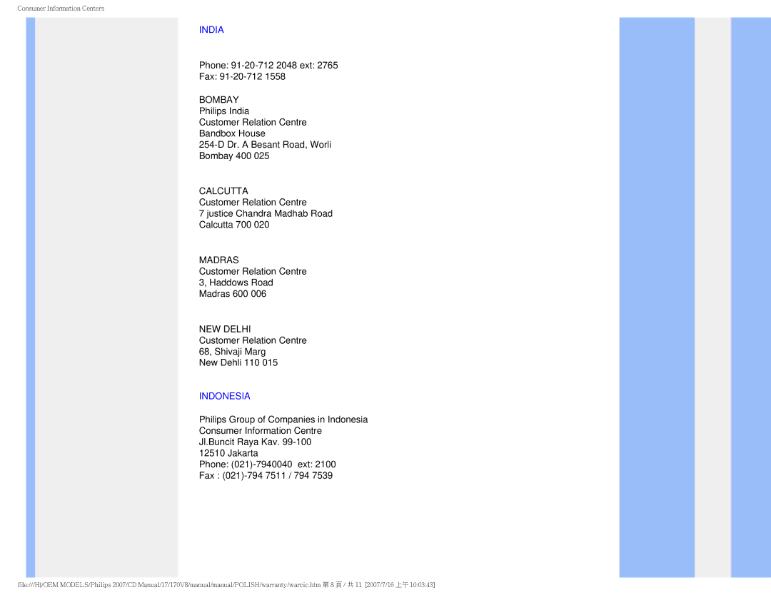 Philips 170v8 user manual India, Indonesia 