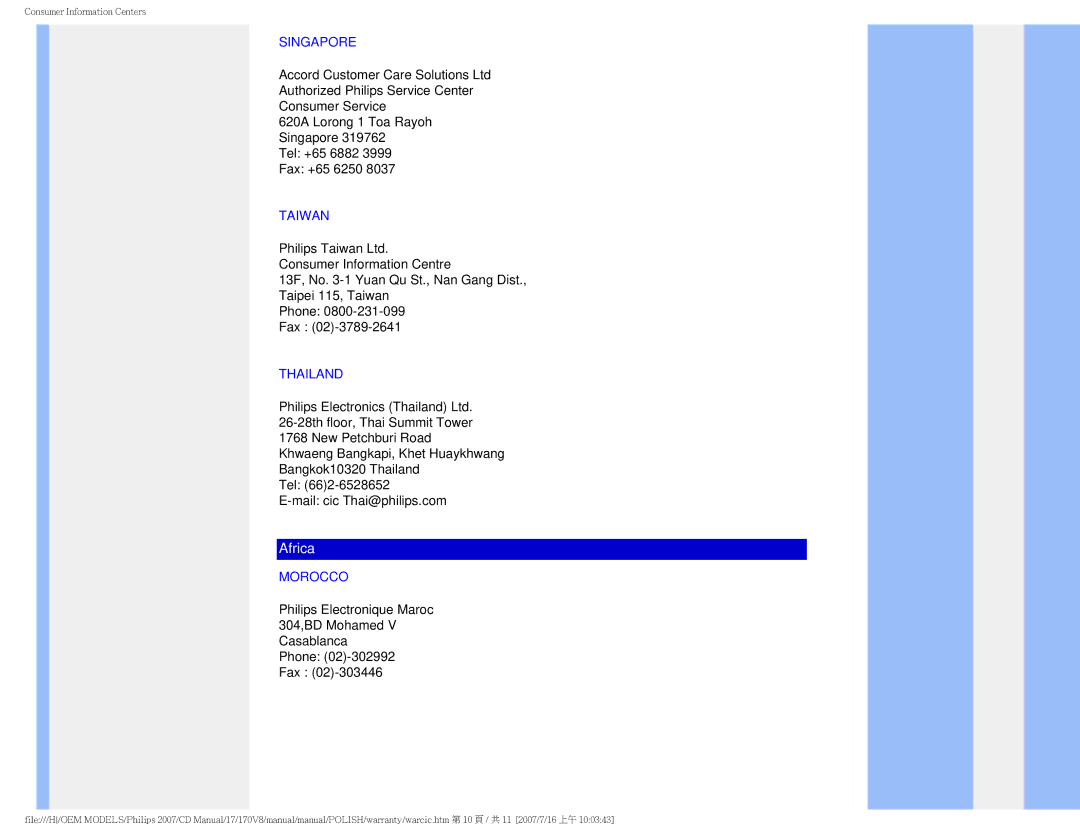 Philips 170v8 user manual Singapore, Taiwan, Thailand, Morocco 