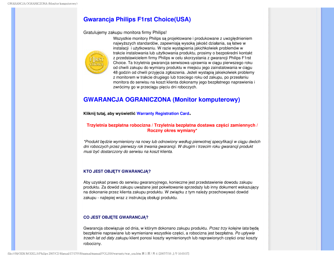 Philips 170v8 user manual Gwarancja Philips F1rst ChoiceUSA, Gwarancja Ograniczona Monitor komputerowy 