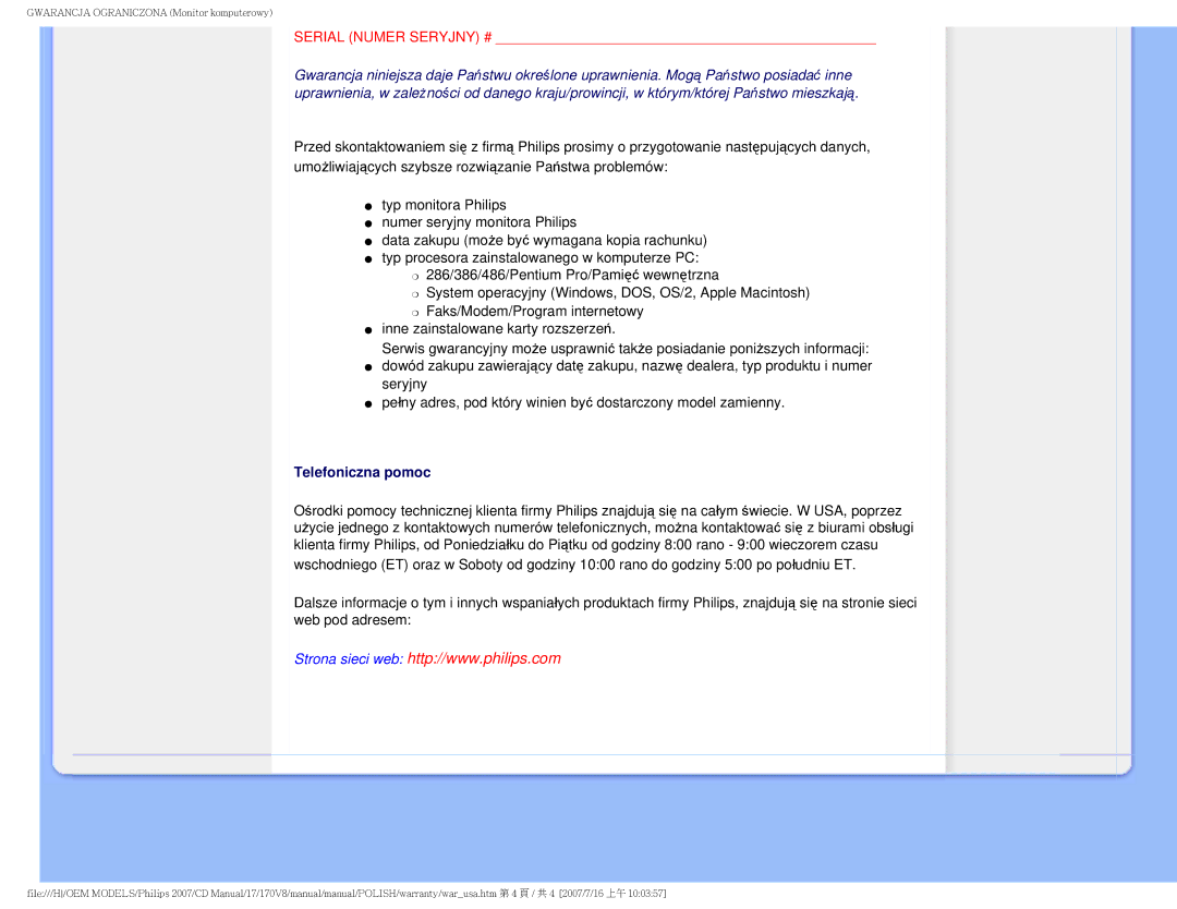 Philips 170v8 user manual Telefoniczna pomoc 