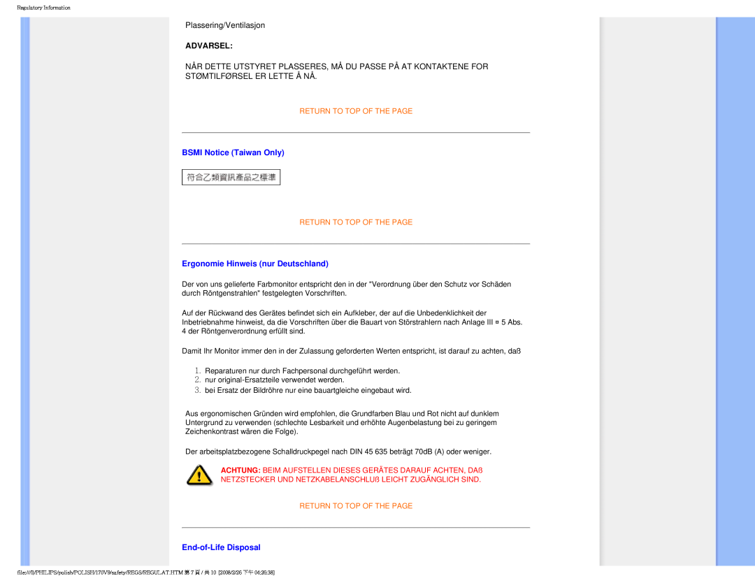 Philips 170V9 user manual Advarsel, BSMI Notice Taiwan Only, Ergonomie Hinweis nur Deutschland, End-of-LifeDisposal 