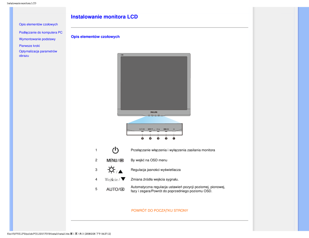 Philips 170V9 user manual Instalowanie monitora LCD, Opis elementów czołowych, Powrót Do Początku Strony 