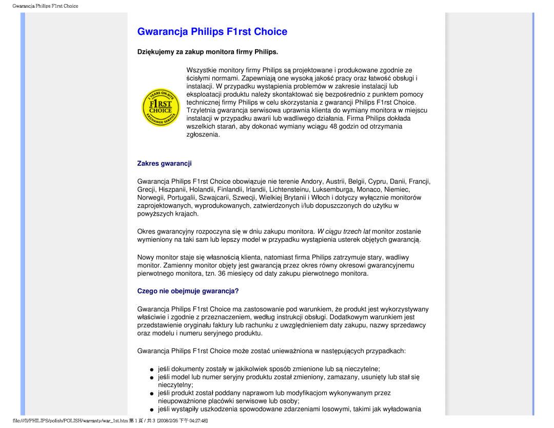 Philips 170V9 user manual Gwarancja Philips F1rst Choice, Dziękujemy za zakup monitora firmy Philips, Zakres gwarancji 