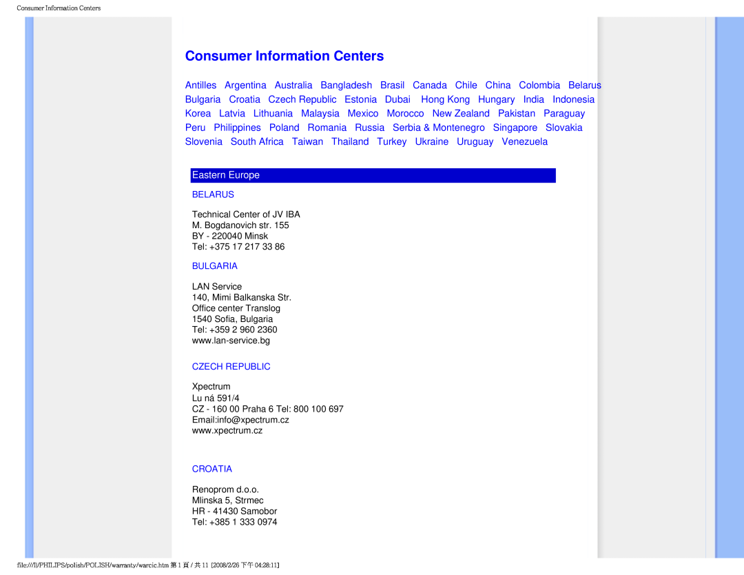 Philips 170V9 user manual Consumer Information Centers, Eastern Europe 