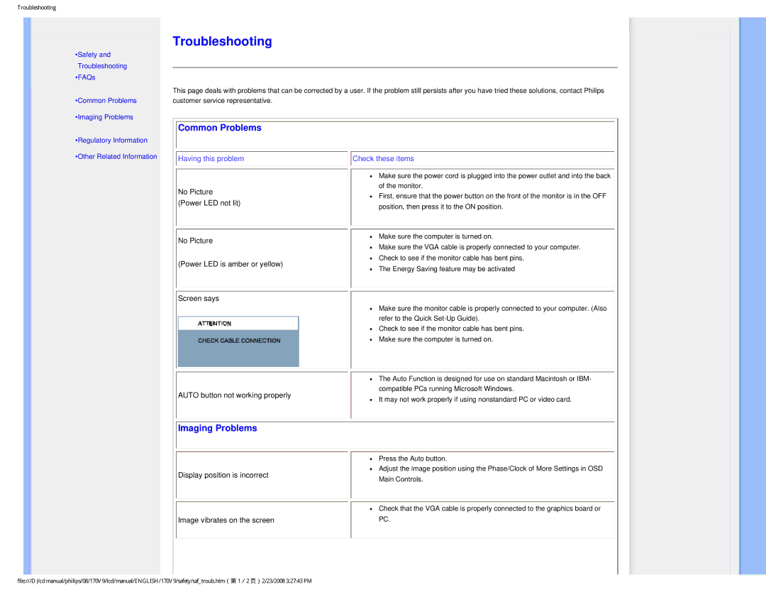 Philips 170V9 user manual Common Problems, Imaging Problems 