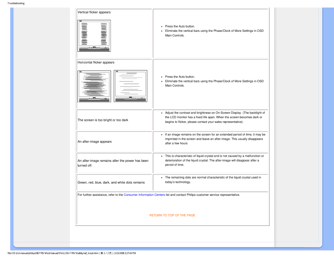 Philips 170V9 user manual Vertical flicker appears 