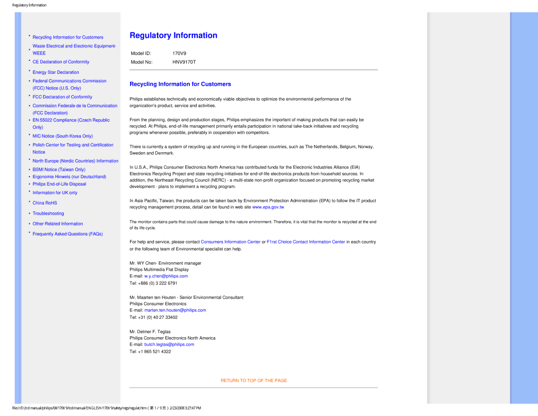 Philips 170V9 user manual Regulatory Information, Recycling Information for Customers 