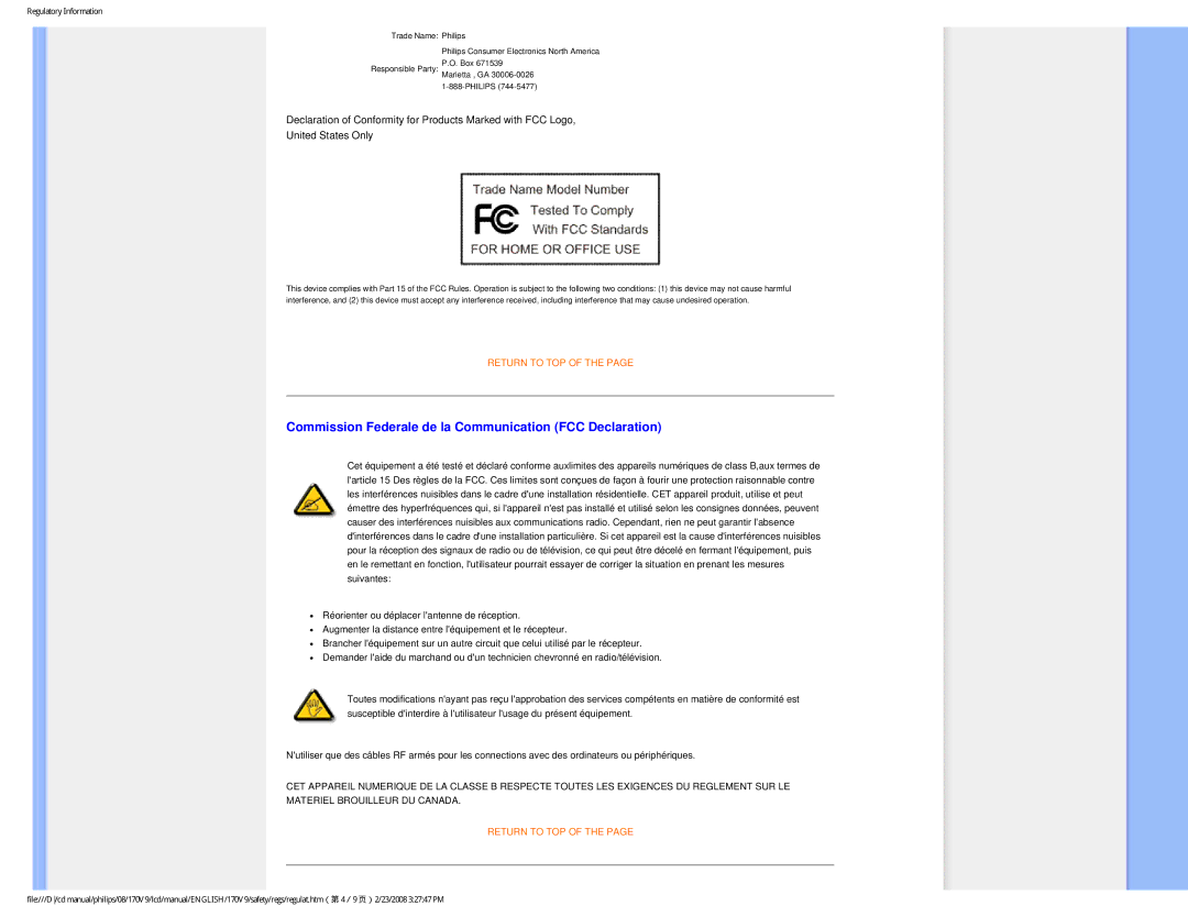 Philips 170V9 user manual Commission Federale de la Communication FCC Declaration 