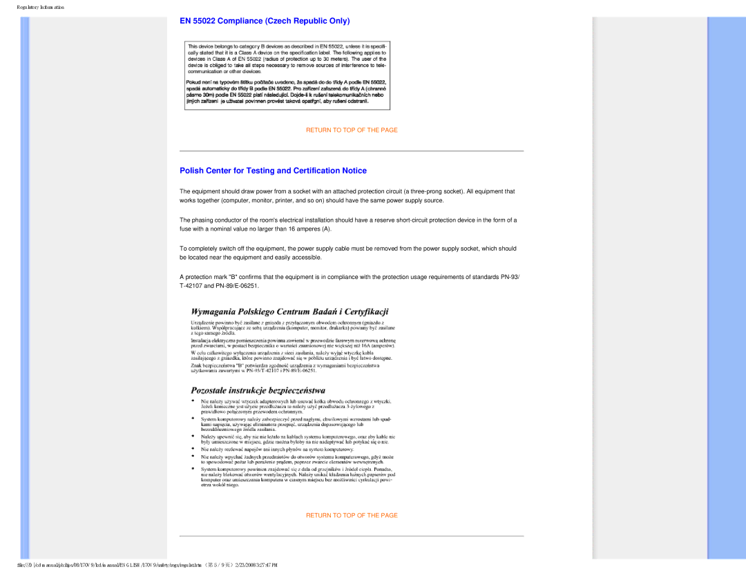 Philips 170V9 user manual EN 55022 Compliance Czech Republic Only, Polish Center for Testing and Certification Notice 