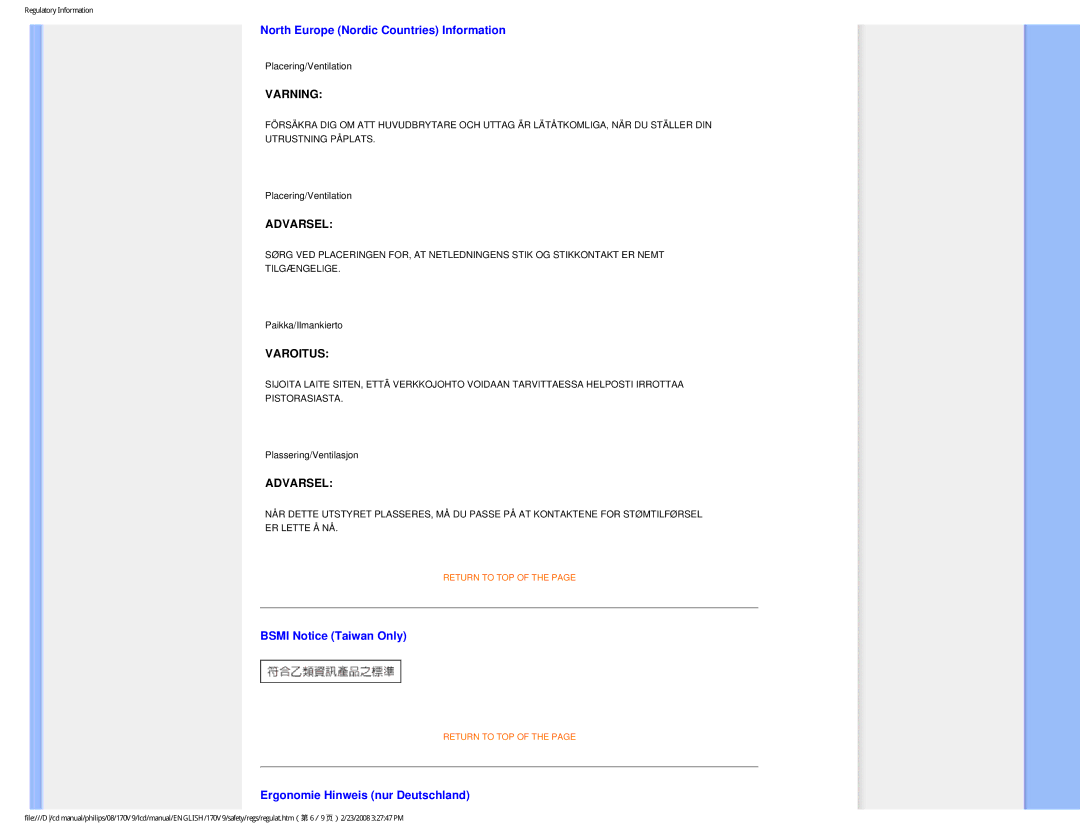 Philips 170V9 North Europe Nordic Countries Information, Bsmi Notice Taiwan Only, Ergonomie Hinweis nur Deutschland 