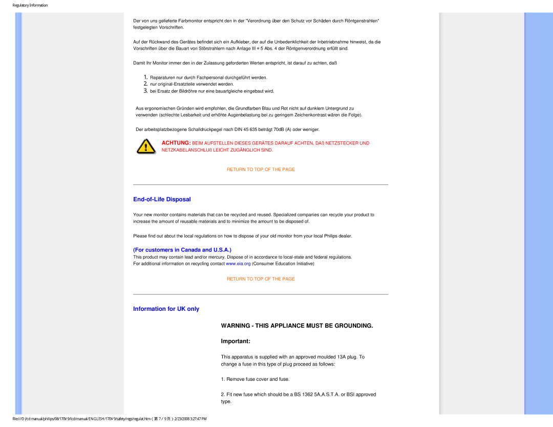 Philips 170V9 user manual End-of-Life Disposal, Information for UK only 