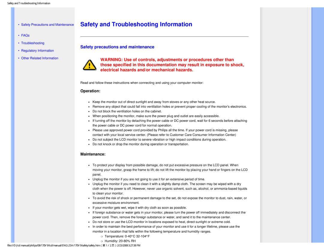 Philips 170V9 Safety and Troubleshooting Information, Safety precautions and maintenance, Operation, Maintenance 