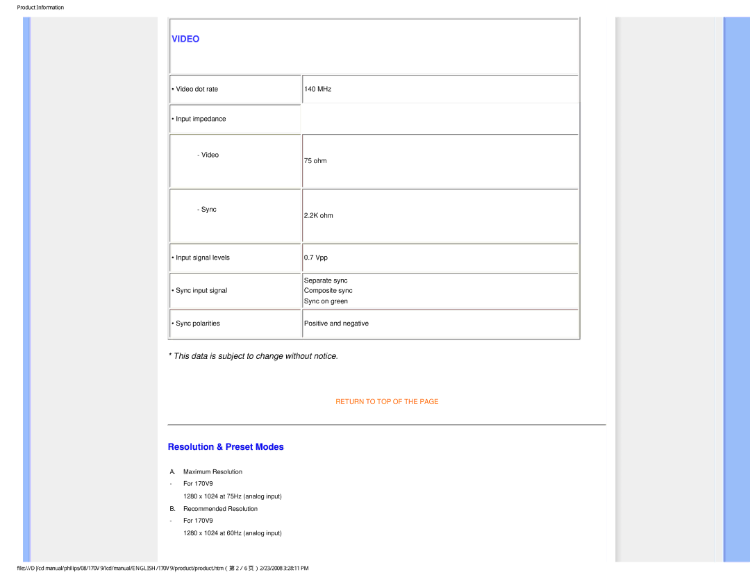 Philips 170V9 user manual Video, Resolution & Preset Modes 