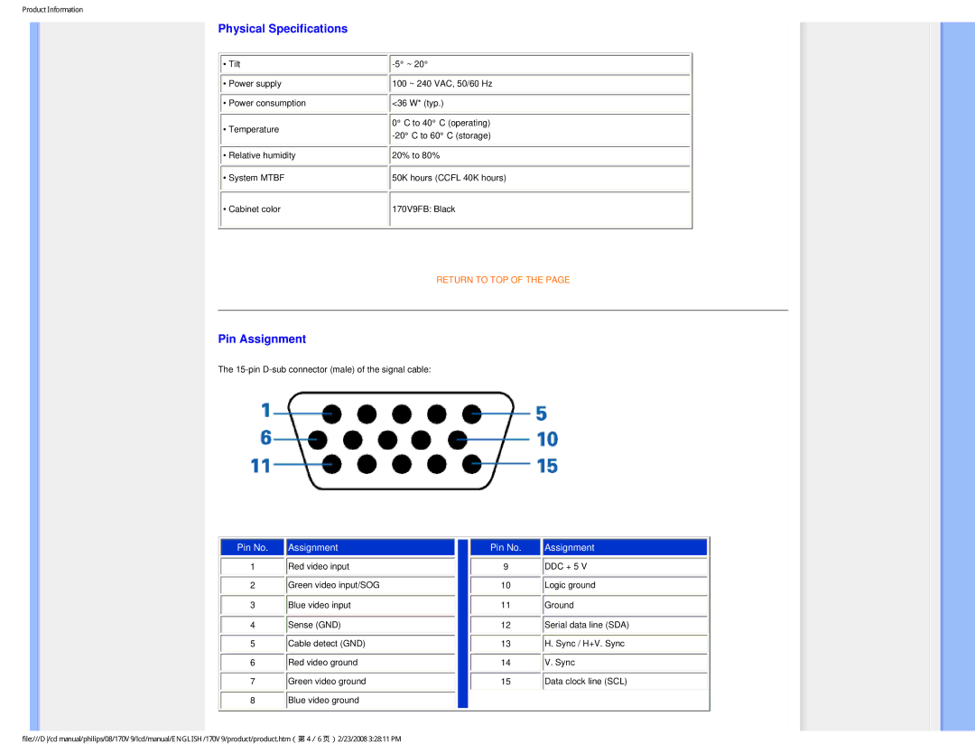 Philips 170V9 user manual Physical Specifications, Pin Assignment 